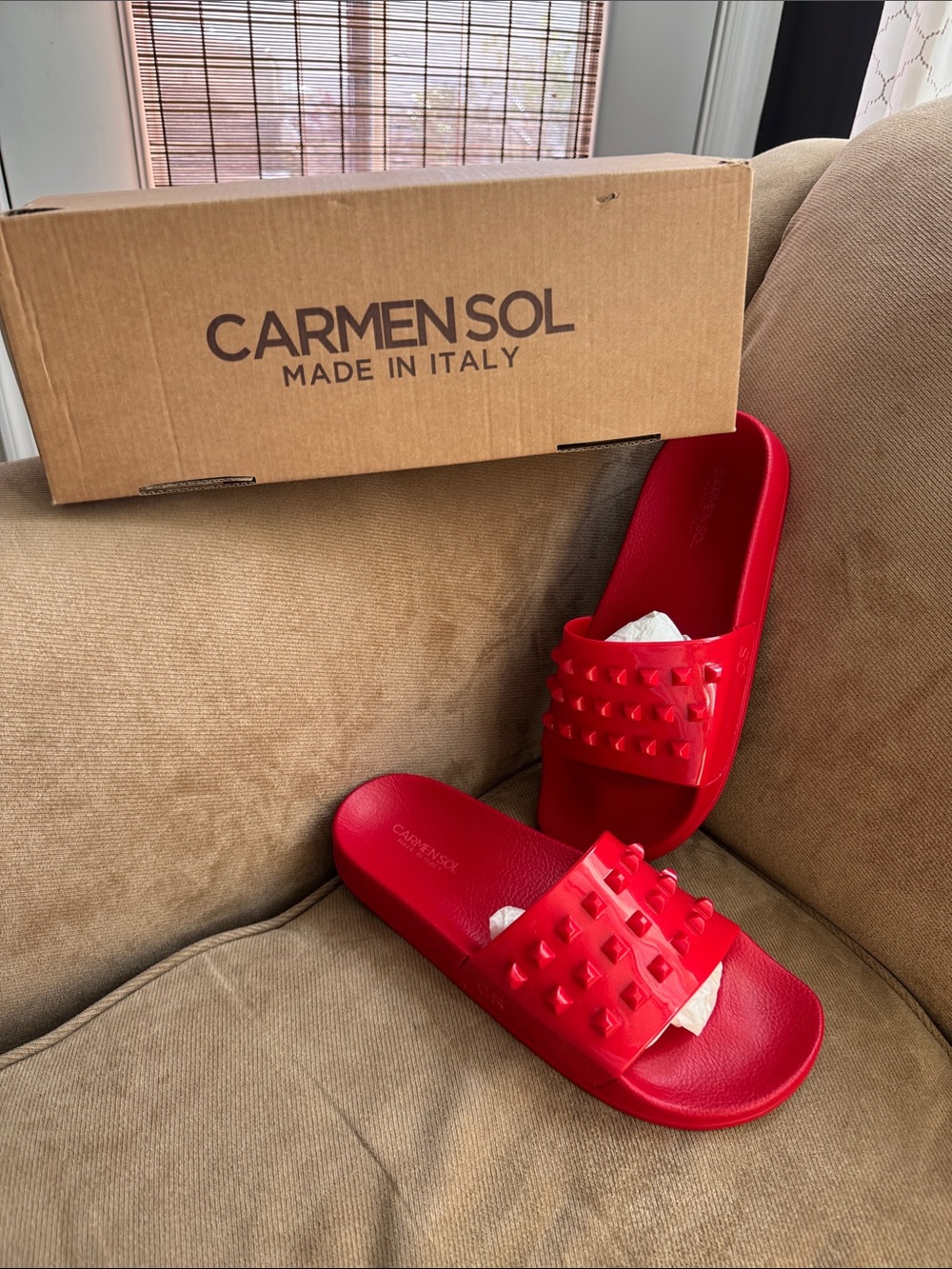 Carmen Sol Red Stud Slide Sandals
